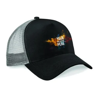 black and grey printed trucker cap